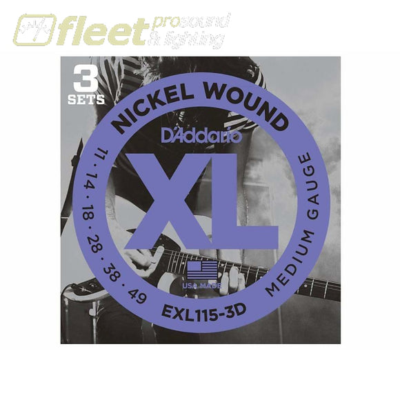 D’Addario EXL115-3D Nickel Wound Electric Guitar Strings 3 Sets Medium/Blues-Jazz Rock 11-49 3 Sets GUITAR STRINGS