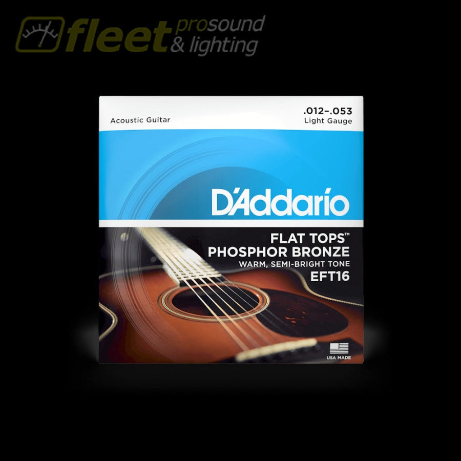 D'Addario Guitar Strings - Acoustic Guitar Strings - Flat Tops Phosphor  Bronze - For 6 String Guitar - Warm, Semi-Bright Tone - EFT16 - Light, 12-53