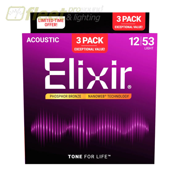 Elixir - 3-Pack Phosphor Bronze Acoustic Guitar Strings with NANOWEB Technology 12/53 - Light GUITAR STRINGS