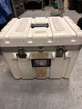 WHITE MOLDED UTILITY CASE WITH LATCHES, USED FROM RENTAL DEPARTMENT - 21" X 18" X 15"