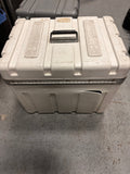 WHITE MOLDED UTILITY CASE WITH LATCHES, USED FROM RENTAL DEPARTMENT - 21" X 18" X 15"