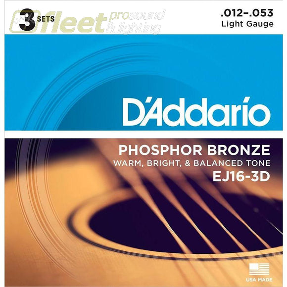 Daddario Ej16-3D Phosphor Bronze Light Acoustic Guitar Strings (3-Pack) Guitar Strings