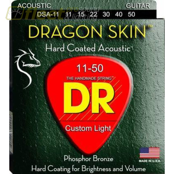DR Strings DSA-2/11 Dragon Skin Clear Coated Acoustic Guitar Strings Custom Light Gauge 11-50 2 Pack GUITAR STRINGS