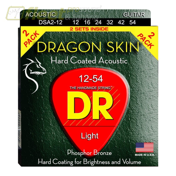 DR Strings DSA-2/12 Dragon Skin Clear Coated Acoustic Guitar Strings Light Gauge 12-54 2 Pack GUITAR STRINGS